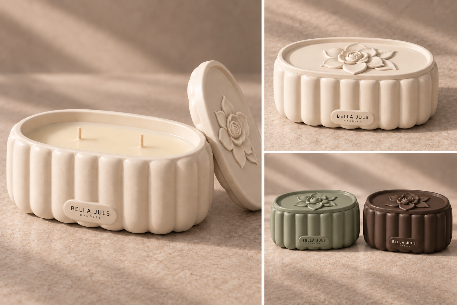 Fluted ceramic design in ivory, olive and chocolate