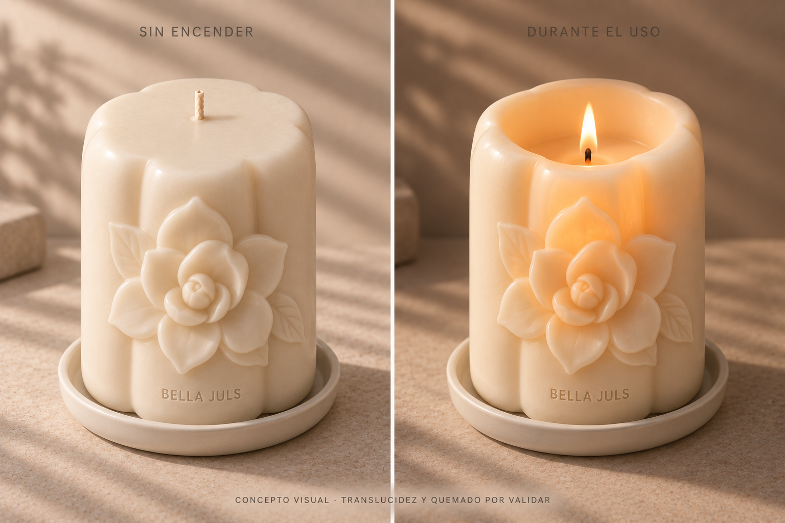 Ivory sculptural candle with gardenia relief